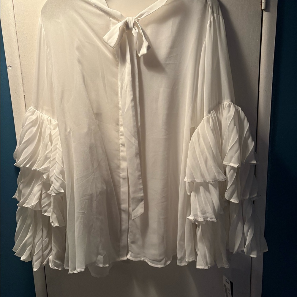 Fox White Long Sleeve Ruffled Tie Front Blouse